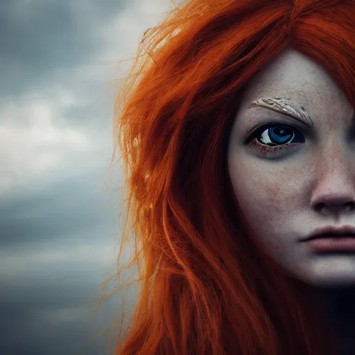 Image similar to north female warrior, red hair, ginger hair, fantasy, high detailed, full body, photography, cloudy, lightweight armor, Scandinavia, plain, Authentic, detailed face, cute face, professional photographer, 8k 3D