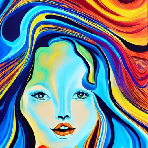 Prompt: abstract art with swirly color liquid acrylic paint and beautiful female face, beautiful color composition, warm colors, black details