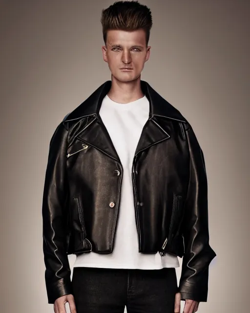 Image similar to an award - winning photo of a thick plain cropped extremely baggy pirate designer menswear leather jacket with an oversized collar and bootcut trousers designed by alexander mcqueen, 4 k, studio lighting, wide angle lens