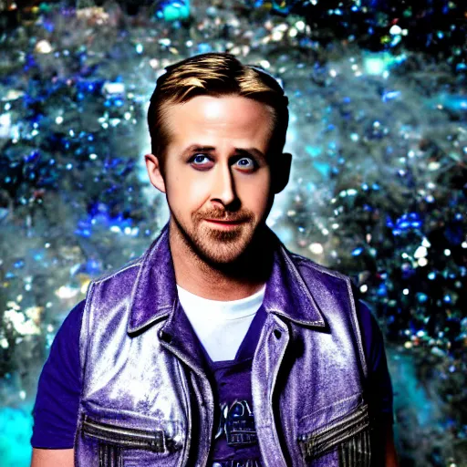 Image similar to Ryan Gosling with silver-violet hair, white eyes inflated press and denim glittery vest, wide lens, diorama, 4k,