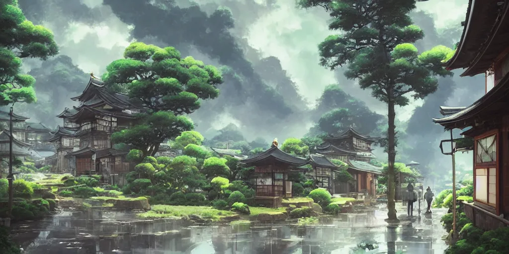 Image similar to An quaint japanese street with verdant mountains in the background, stormy day, god rays, in the style of Arcane, Greg Rutkowski and Studio Ghibli