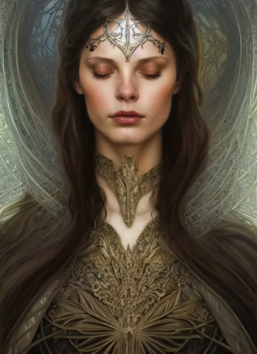 Image similar to arwen, surealism, aesthetic, shiny, fantasy, intricate, elegant, extremely higly detailed, digital painting, artstation, body symmetrical anatomy, baroque, concept art, photoshop, krita, smooth, sharp focus, full body focus, illustration, digital painting, art by artgerm and greg rutkowski and alphonse mucha