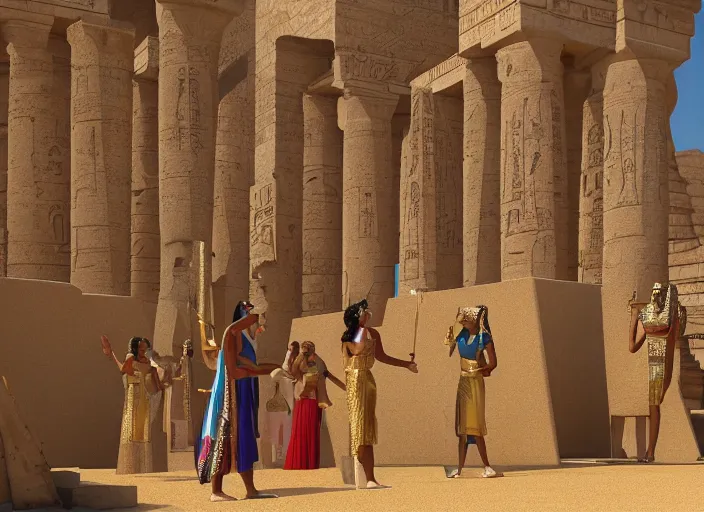 Prompt: Queen Cleopatra raises her hand to greet the crowds of the Egyptian people in front of her in a great pharaonic ceremony. In the background are sober Pharaonic temples with delicate inscriptions, and in the background the girls playing the golden harp, V-Ray, 8K, HD, fine details octane render