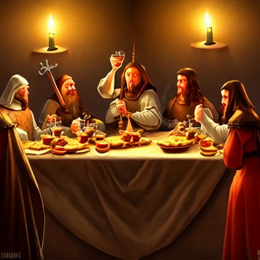 Image similar to medieval feast with drinking, artstation, fantasy