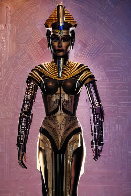 Image similar to full body portrait of the Egyptian Android Pharaoh Queen, by DC comics and Sandra Chevrier and beeple, artstation, volumetric lighting, hyperrealism, futuristic royalty, strong and muscular, award winning costume design, cybernetic bionic ancient cyborg, fashion show runway, futuristic fine textures, woven with electricity, high fashion superpowers, covered in dust, 4k UHD, 35mm