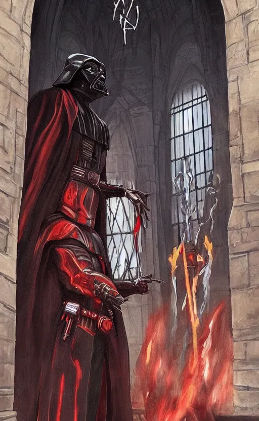 Image similar to « a beautiful painting of darth bane creating a rule of two in an ancient sith temple stylized as a catholic church, very realistic, trendin on artstation »