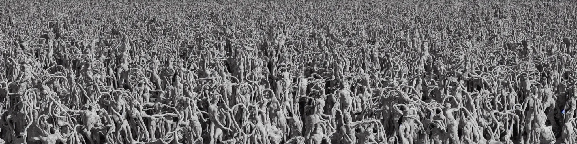 Image similar to hundreds of humans. A sea of humans. interconnected flesh. Crowdcrush. Many humans intertwined and woven together. Bodies and forms amesh. Extremely unsettling artwork. Screaming humans. The overall vibe is doom and despair. Sculpture by Alberto Giacometti.