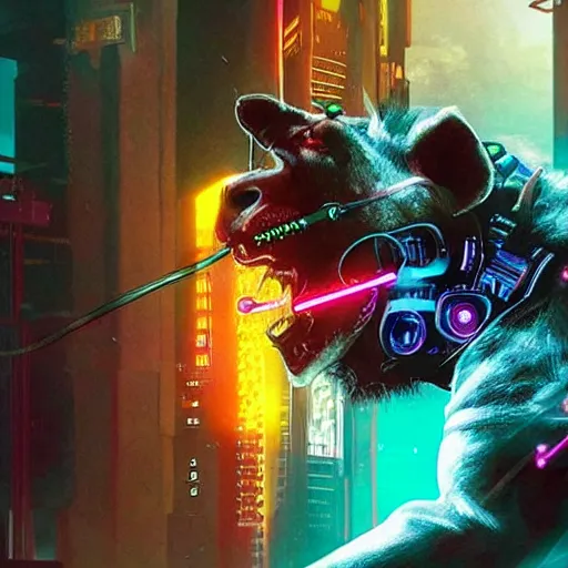 Prompt: cyborg hyena in cyberpunk 2 0 7 7, multiple wires and eyes resembling camera lenses, neon glowing lights on body, realistic, highly detailed concept art