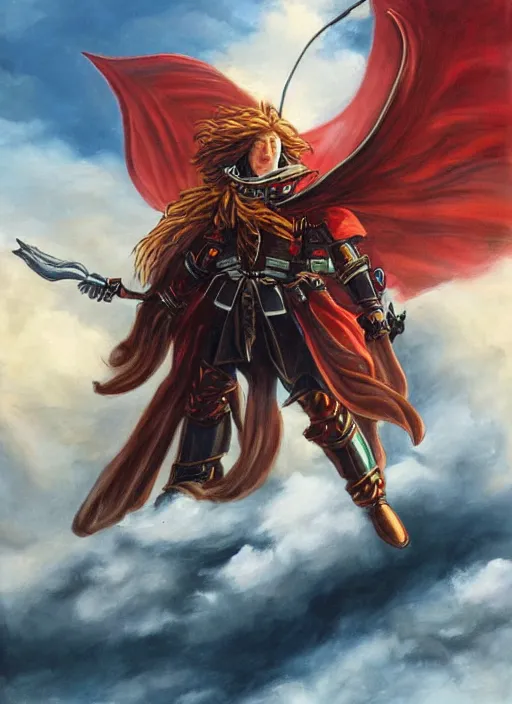 Image similar to epic fantasy portrait painting of a long haired, red headed male sky - pirate in front of an airship in the style of the gundam