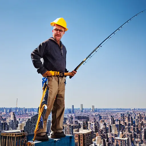 Prompt: closeup portrait of a construction worker with a fishing rod sitting on a metal beam high over new york city, photography