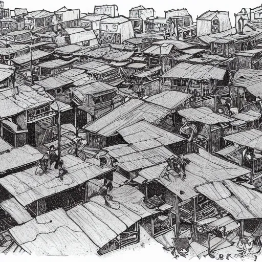 Prompt: slums in south africa, drawing by moebius