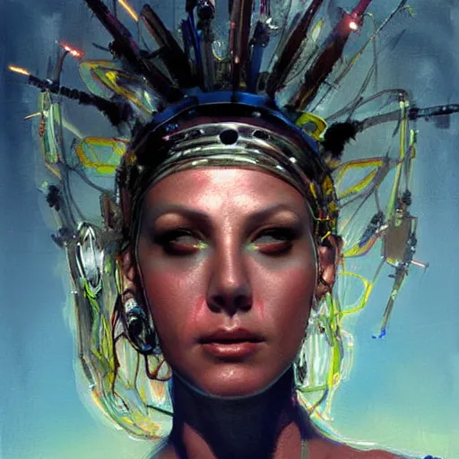 Prompt: portrait, headshot, digital painting, an beautiful techno - shaman lady in circuit electronic mask, realistic, hyperdetailed, chiaroscuro, concept art, art by john berkey