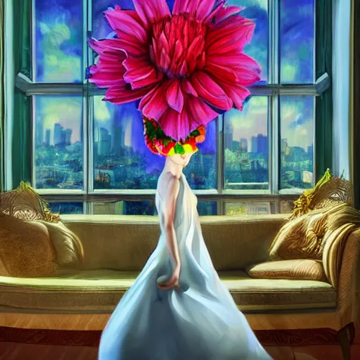 Image similar to giant flower under head, woman next to modern windows, luxury apartment, surreal photography, dramatic light, impressionist painting, digital painting, artstation, arthur adams