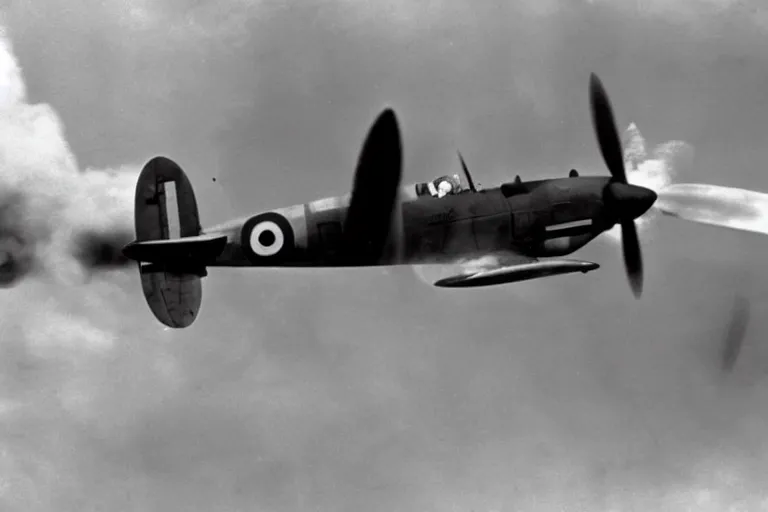 Prompt: spitfire with a flaming wing flying over a town 1940s britain