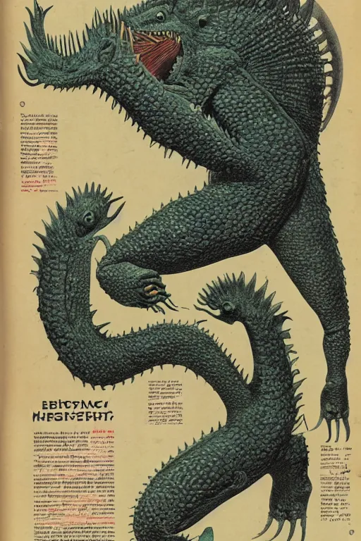 Image similar to biology textbook page, kaiju, 1950s, vintage, anatomy