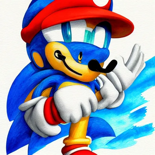 Image similar to Sonic in the style of Mario, with a mustache, beautiful watercolor art drawing, in the style of artist Simon Stalenhag s-90 - C 7