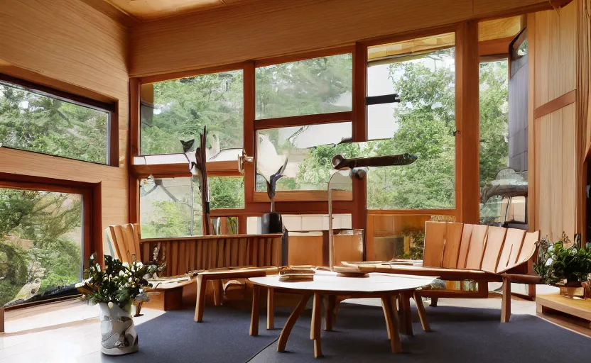 Image similar to luxurious wooden cottage by alvar aalto, modern japanese living room, japanese flower arrangements, coherent composition, architecturally accurate, architecture photography