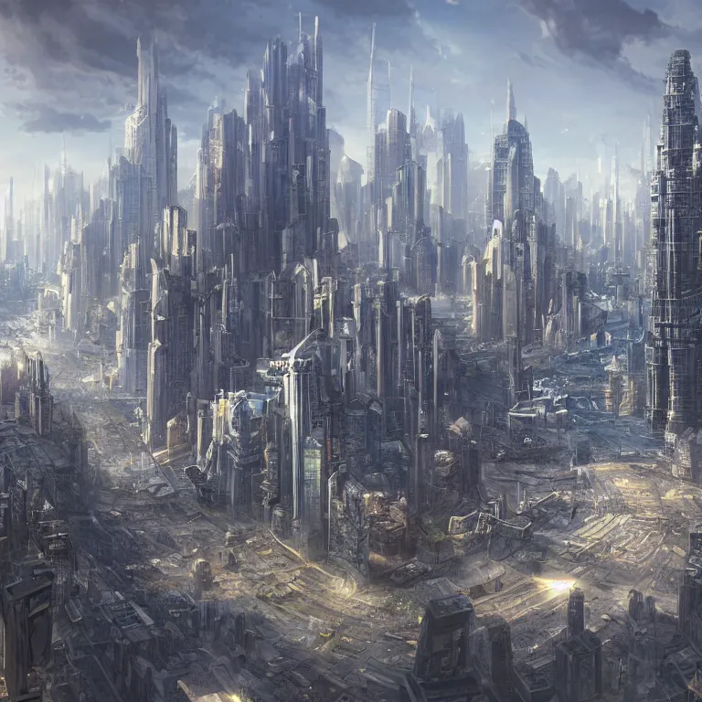 Prompt: matte painting of a wide angle shot of a huge sprawling sci - fi city with giant skyscrapers and megastructures