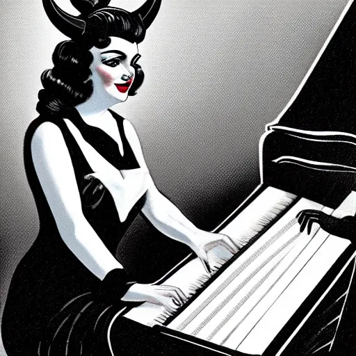 Image similar to vintage beautiful woman, wearing devil horns and sitting in an piano, retro cartoon