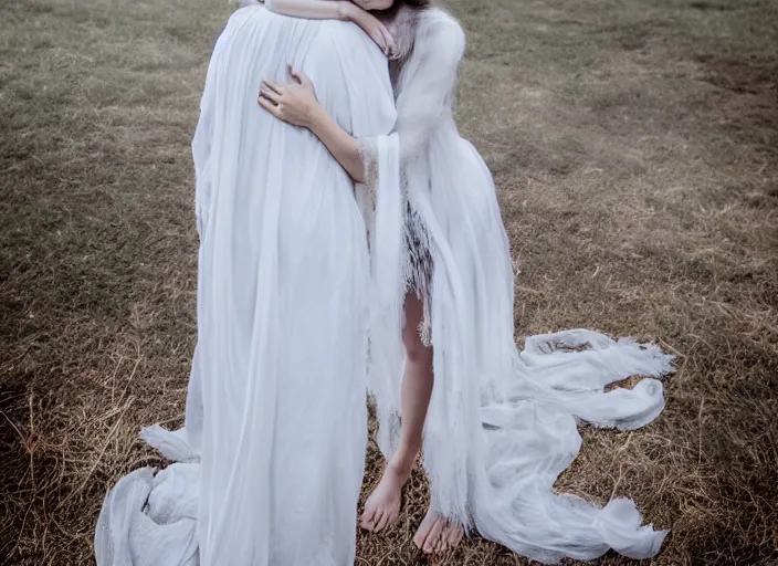 Image similar to jesus hugging a woman from behind, spirit hugs, in style of paolo roversi, britt marling style 3 / 4, long hair, a beautiful ethereal lace white robe, 8 k, soft focus, soft light, volumetric lighting, highly detailed realistic, refined, highly detailed, natural outdoor soft pastel lighting colors scheme