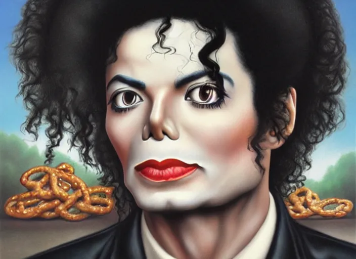 Image similar to michael jackson with pretzel hair, lowbrow, matte painting, 3 - d highly detailed, in the style of mark ryden,