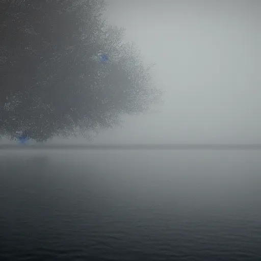 Prompt: black shadowy eyes looking up from the foggy water at viewer, thalassophobia, in silent hill, hyper realistic,
