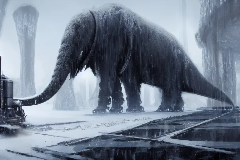 Image similar to a grand intricate futuristic black steam train next to a giant mammoth, post - apocalyptic ice landscape in snowstorm, concept art, artstation, highly detailed, digital art