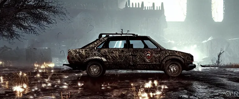 Image similar to Armored and Armed Military Audi 80 B3 Avant (1988) with a mounted M249 with soldiers on, Dark Souls 3, Eldritch Horrors, Wretched and Corrupted Knights, Heavy Battle, Fight, Car vs Knight, gunshots fired, a grim fantasy, Anor Londo, dramatic lighting, cinematic, establishing shot, extremely high detail, photorealistic, cinematic lighting, artstation, by simon stalenhag