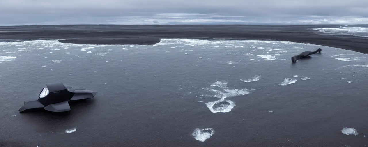 Image similar to cinematic shot of giant symmetrical futuristic military spacecraft in the middle of an endless black sand beach in iceland with icebergs in the distance,, 2 8 mm