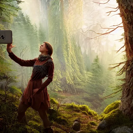 Prompt: human druid in the woods taking a selfie smiling, beautiful light, mountains, nature, animals, nature magic, fantasy book, d & d, high detail, 8 k, octane render painting, dark fantasy