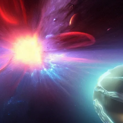 Image similar to dramatic render of a floating island flying through a space nebula, cgsociety, artstation, 4k