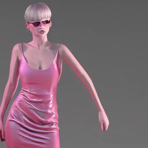 Prompt: blade runner city vicious girl in a short pink dress, 3d realistic photo 8k