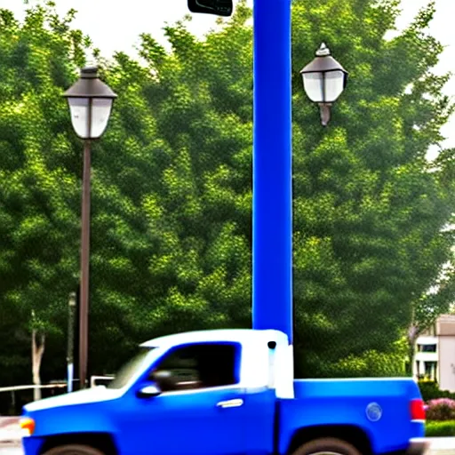 Prompt: blue truck stuck on a street light pole