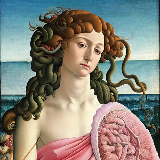 Prompt: an hyperrealistic mythological oil painting of venus with long curly brown hair, full body, wearing pink floral chiton, sleeping on a giant scallop shell, near the seashore, intricate lines, elegant, renaissance style, by sandro botticelli