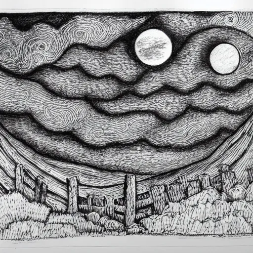 Prompt: pen and ink drawing of gloomy night sky, crosshatching, edward gorey, hatches