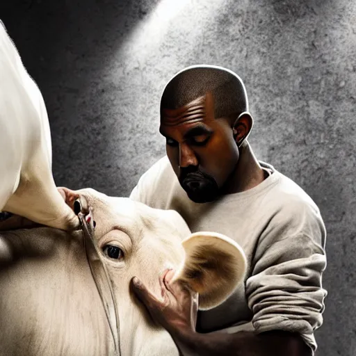 Image similar to kanye west milking a cow, realistic, 8 k, high details, detailed face, sharp focus