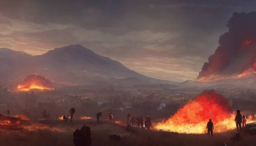 Prompt: people on a hill watching humongous explosion in the distance, fire, ashes and smoke columns at night, hyperdetailed, artstation, cgsociety, 8 k