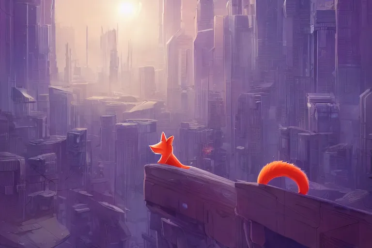 Image similar to an anthropomorphic fox with a fluffy tail staring over a futuristic city from the top of a roof, comic art, trending on furaffinity, cyberpunk, backlighting, cartoon