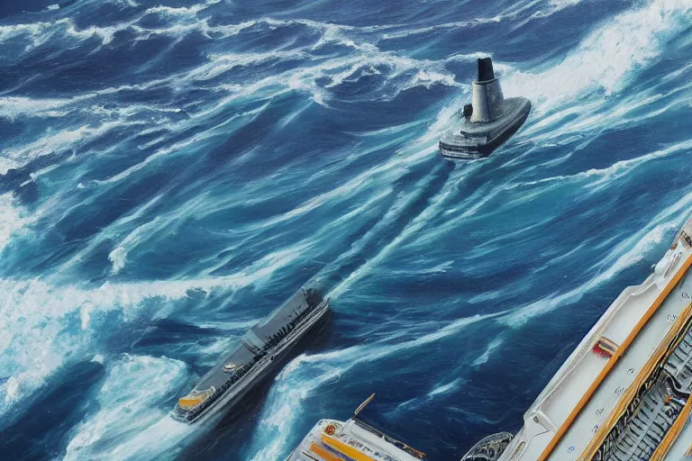 Prompt: ocean liner sinking with water crashing over the ship, bird's eye view, realist painting, 4k high res