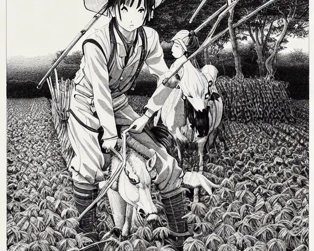 Image similar to Highly detailed and intricate ink drawing of an anime farmer tending to his crops with a pack animal || VERY VERY ANIME!!!, fine-face, realistic shaded perfect face, fine details. Anime. realistic shaded lighting poster by katsuhiro otomo, ghost-in-the-shell, ayami kojima