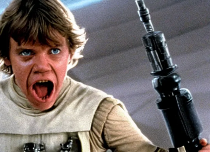 Prompt: a still from The Empire Strikes Back of Luke Skywalker dramatically shouting no