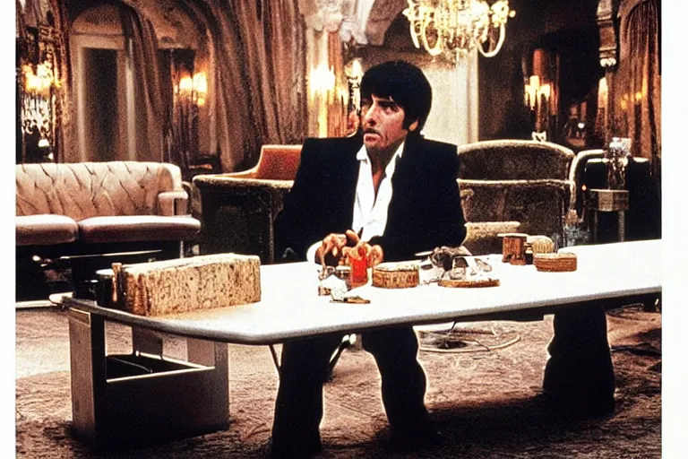 Image similar to tony montana from movie scarface 1 9 8 3 sitting behind a big black oak table with big large packages of flour. long shot. al pacino. perfect symmetric face, coherent eyes, fine details, 4 k, ron cobb. last scene from scarface movie