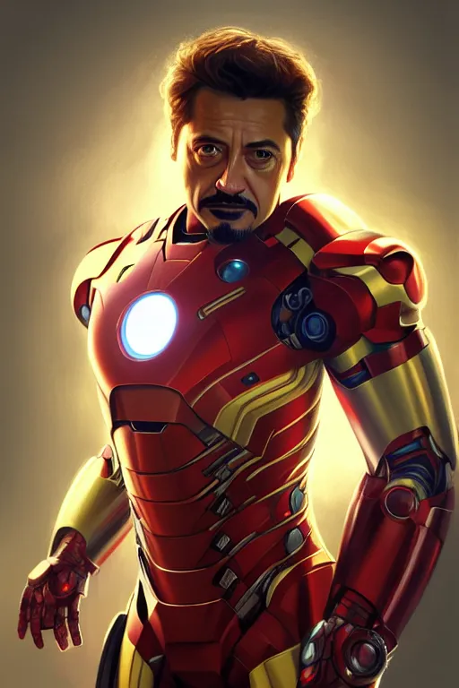 Image similar to volodymyr zelensky as tony stark, portrait, iron man, highly detailed, digital painting, artstation, concept art, smooth, sharp focus, illustration, cinematic lighting, art by artgerm and greg rutkowski and alphonse mucha