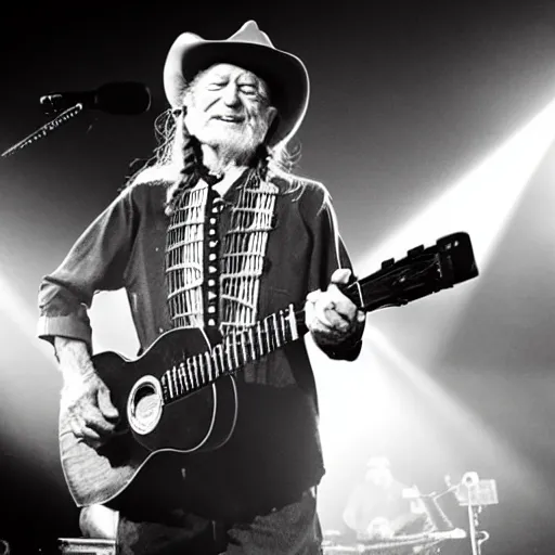 Image similar to willie nelson on stage, guitar. god rays through fog.