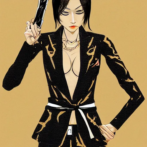 Image similar to yakuza slim girl, gold suit jacket in snake print, jacket over bare torso, yakuza tattoo on body, black short curtain haircut, black leather pants with black belt, elegant, 2d, ultra highly detailed, digital painting, smooth, sharp focus, artstation, art by Ilya Kuvshinov