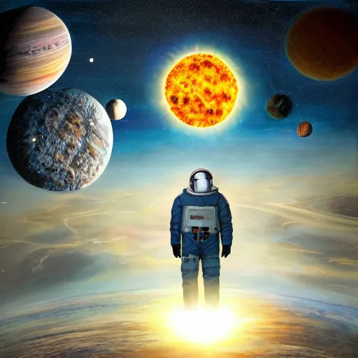 Prompt: man as big as the solar system standing in space, next to the sun, oil on canvas, intricate, 8k highly professionally detailed, HDR, CGsociety