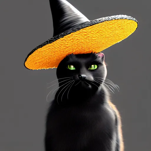 Prompt: a black cat wearing a witch hat, hyperrealistic, concept art, octane render, unreal engine 5, trending on deviantart, highly detailed, high quality, 8 k, soft lighting, cute, natural lighting, realistic face, trending on artstation, elegant clothes