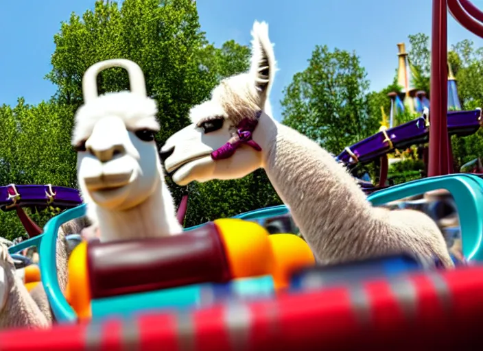 Image similar to film still of a llama riding a roller coaster in disneyland paris, 8 k