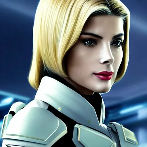 Image similar to A combination of Grace Kelly's and Ada Wong's and Ashley Greene's appearances with blonde hair wearing Interceptor's armor from Anthem, high tech, action shot, angular, full body portrait, futuristic, dramatic, fantasy, intricate, elegant, highly detailed, artstation, matte, sharp focus, 8K, art by Artgerm and Greg Rutkowski and Alphonse Mucha