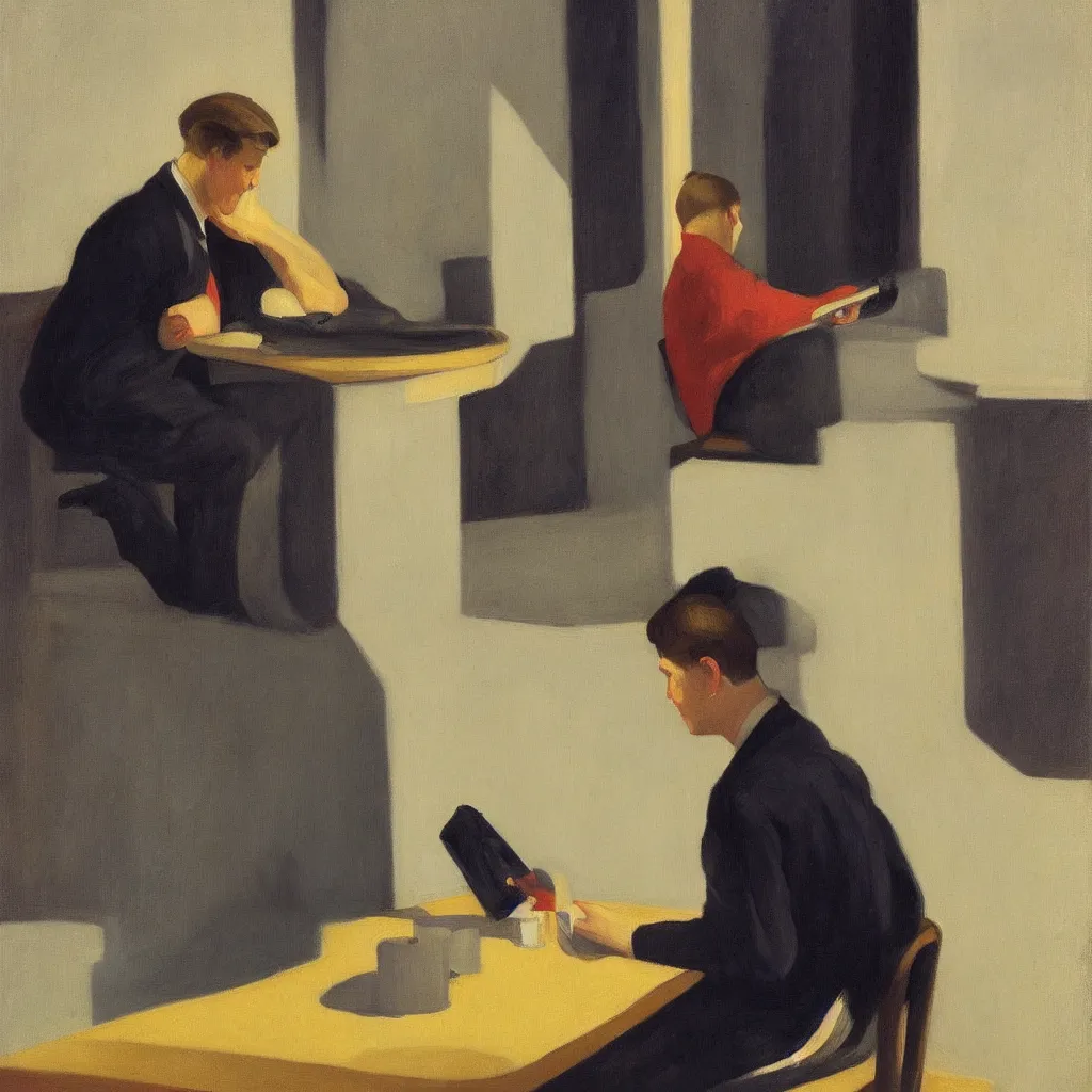 Prompt: i, a portrait of a young man sitting on a chair playing his iphone, by edward hopper